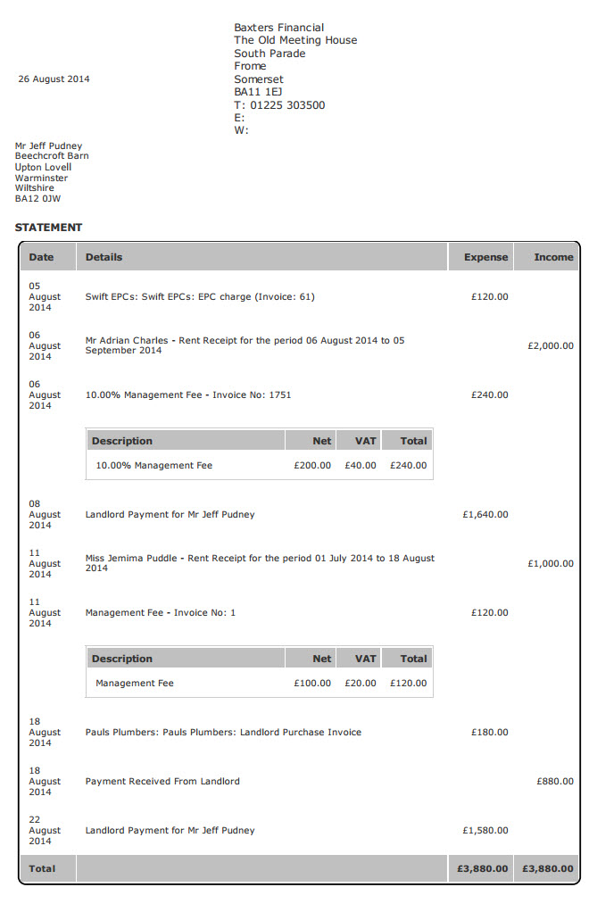 Basic Landlord Statement - Detailed - Styled - Expert Agent Documentation